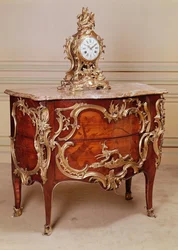 Marquetry Commode, Louis XV Period, by Bernard van Risenburgh and Ormolu Mantle Clock, Le Roy